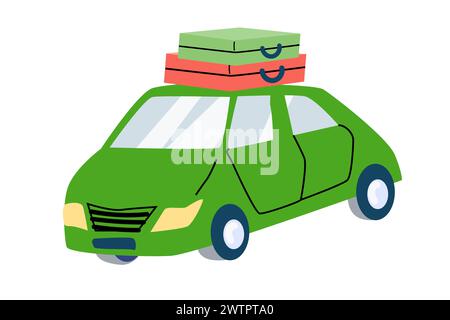 Summer travel green car with luggage on top - illustration isolated. Vector illustration can used for summer vacation banner, sale label, greeting car Stock Vector
