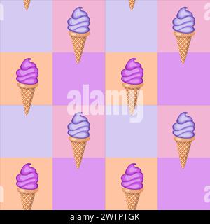 Multi-colored fruit ice cream in waffle cones. Seamless pattern. Vector illustration. Stock Vector