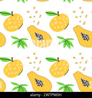 Hand drawn cute fruits pattern with papaya and orange. Vector illustration isolated. Stock Vector