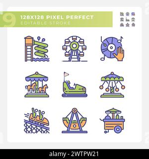 Amusement park attractions pixel perfect RGB color icons set Stock Vector