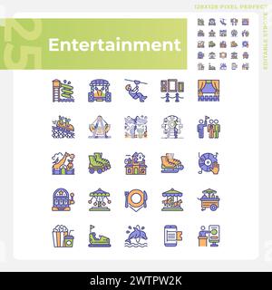 Entertainment activities pixel perfect RGB color icons set Stock Vector