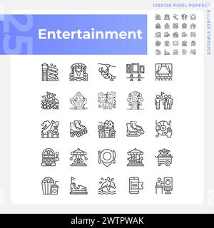 Entertainment activities pixel perfect linear icons set Stock Vector