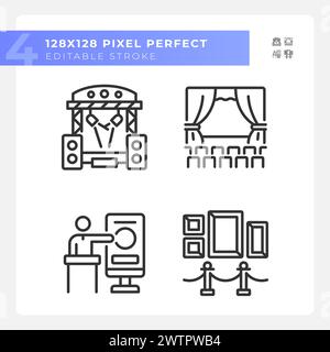 Cultural events pixel perfect linear icons set Stock Vector