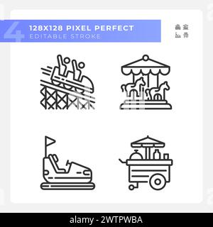 Riding amusement pixel perfect linear icons set Stock Vector