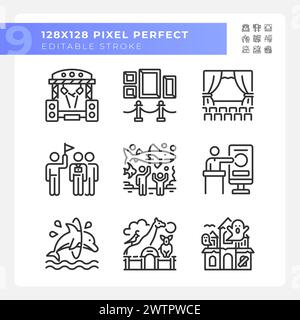 Entertainment events pixel perfect linear icons set Stock Vector