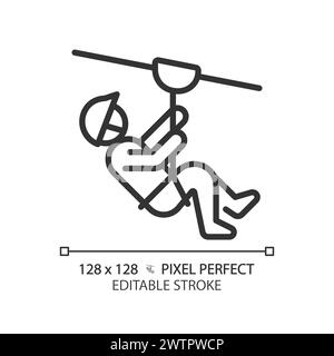 Zip line ride pixel perfect linear icon Stock Vector