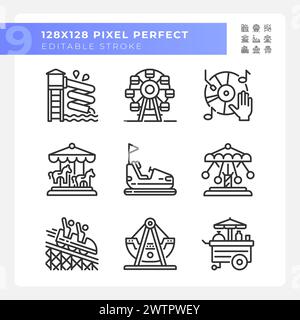 Amusement park attractions pixel perfect linear icons set Stock Vector