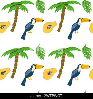 Summer tropical bird toucan and palm and fruit papaya seamless pattern. Vector illustration isolated. Floral pattern with leafs and brazil bird toucan Stock Vector
