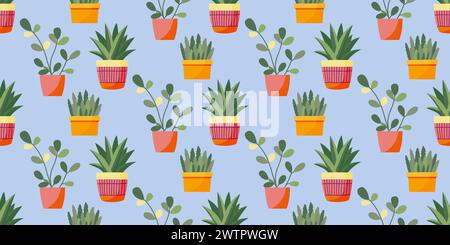 Cute background with indoor flowers in pots. Seamless pattern with green potted plants. Colorful vector illustration background with a variety of pott Stock Vector