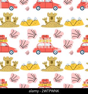 Summer hand drawn background with beach travel elements. Vector illustration of car with luggage, mountain and sand castle. Vector seamless pattern. Stock Vector