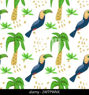 Summer tropical bird toucan and palm seamless pattern. Vector illustration isolated. Floral pattern with leafs and brazil bird toucan. Stock Vector
