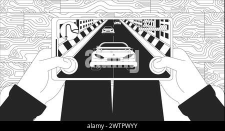 Person playing racing videogame 2D linear illustration concept Stock Vector