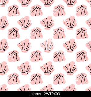 Pink seashell seamless pattern in flat style. Vector illustration can used for textile, decor stickers, posters. Stock Vector