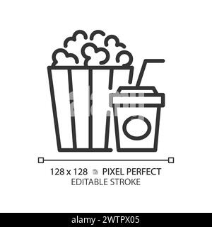 Movie popcorn bucket pixel perfect linear icon Stock Vector