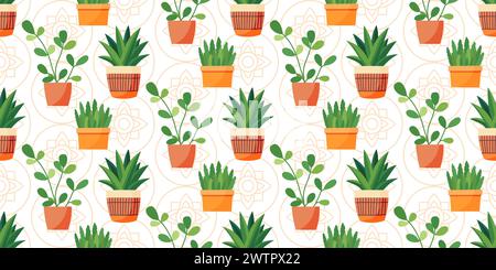 Seamless pattern of houseplants in pots. Colorful vector illustration background with a variety of potted indoor plants. Stock Vector