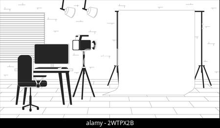 Chromakey screen at shooting set black and white line illustration Stock Vector