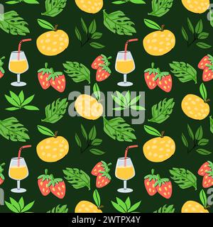 Summer hand drawn dark background with beach elements. Vector illustration of cocktail, orange, tropical leaves, strawberry. Stock Vector