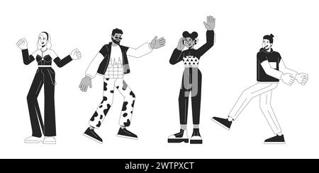 Disco party dancers group black and white 2D line cartoon characters set Stock Vector