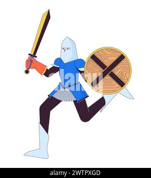 Brave knight running with armor 2D linear cartoon character Stock Vector