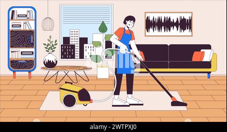 Cleaning services line cartoon flat illustration Stock Vector