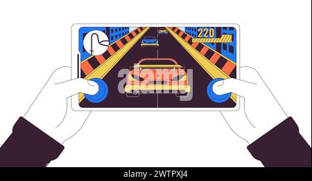 Gamer enjoying online car racing linear cartoon character hands illustration Stock Vector