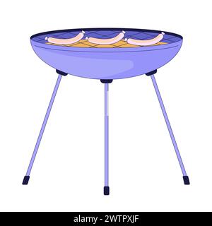 Cooking sausages on brazier 2D linear cartoon object Stock Vector