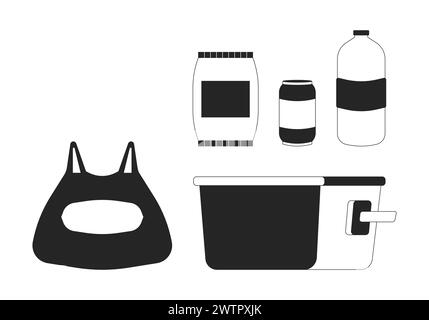 Picnic snacks beverages black and white 2D line cartoon objects set Stock Vector