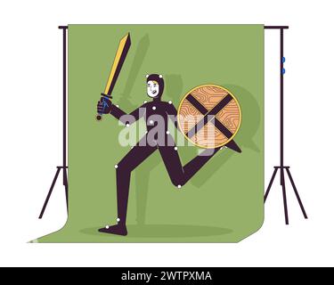 Armoured actress running on chromakey screen 2D linear cartoon character Stock Vector