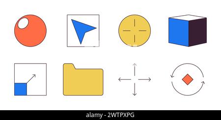 Ui design development 2D linear cartoon objects set Stock Vector
