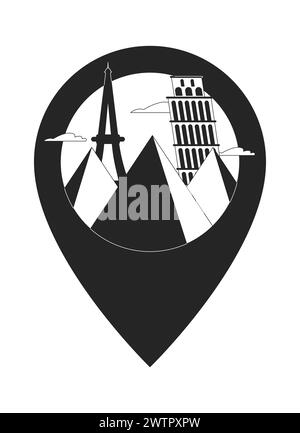 Famous monuments pin location black and white 2D line cartoon object Stock Vector