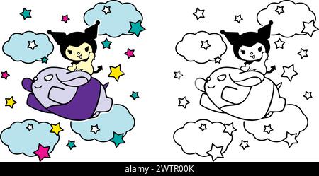 vector illustration of cute cartoon cat with cloud and stars for Coloring book children, drawing pages cover, screen printing shirts, printable Stock Vector
