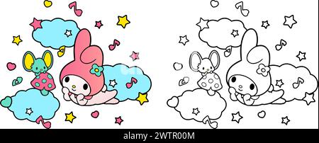 vector illustration cute hare sleeping on a clouds colorful stars shapes for Coloring book children, drawing pages cover, screen printing shirts Stock Vector