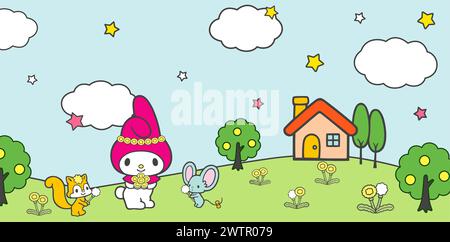 vector illustration Cute Little Bunny mouse squirrel and a House in the Forest for Coloring book or coloring picture animals drawing pages cover Stock Vector