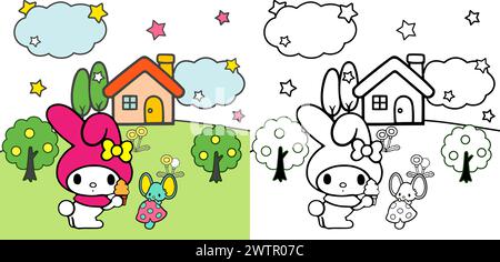vector illustration Cute cartoon animals in colorful gardens black white and color versions for Coloring book children, drawing pages cover Stock Vector