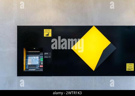 Adelaide, Australia - December 19, 2020: Commonwealth Bank branch logo sign above the entrance in Adelaide China Town Stock Photo