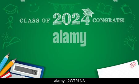 Class of 2024 Congrats, pencils and chalk drawings on a green school blackboard. Chalk drawing text - class of 2024 with square academic cap. Vector Stock Vector