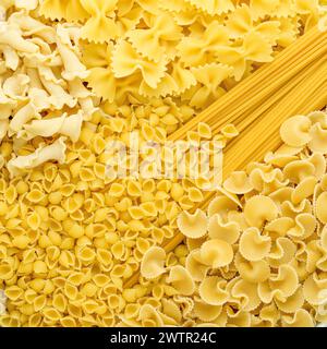 Background of different pasta types. The view from the top. Concept of culinary, food backgrounds Stock Photo