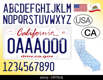 California state car license plate, letters, numbers and symbols, vector illustration, United States of America Stock Vector