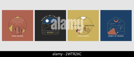 Vector minimal linear boho emblems with cactus, sandy desert, mountains, sun and moon. Travel logo with mountain landscapes, sunburst, staircase. Modern vacation badges for holiday in bohemian style. Stock Vector