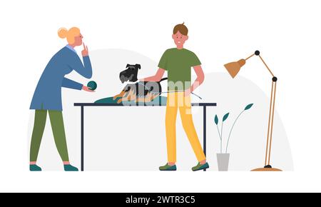 Dog checkup at the vet. Pet doctor clinic, animal care routine cartoon vector illustration Stock Vector