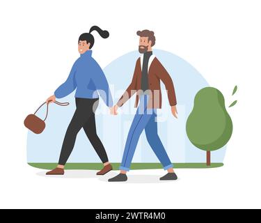 Couple walking on windy weather. Autumn outdoor romantic date cartoon vector illustration Stock Vector