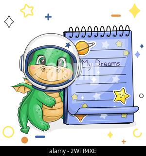 A cute cartoon astronaut green dragon with a blue notebook with stickers. Vector illustration of an animal on a white background with stars, circles. Stock Vector