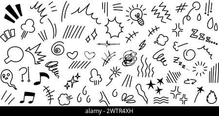 Anime line effects. Manga comic big collection of movement doodles Stock Vector