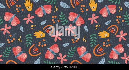 Seamless arrangement featuring a whimsical moth, flowers, and leaves, rainbows. Scandi style delicate folk repeated pattern suitable for printing on f Stock Vector