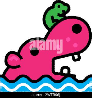 hippo and frog cartoon roughen filled outline icon for decoration, website, web, mobile app, printing, banner, logo, poster design, etc. Stock Vector