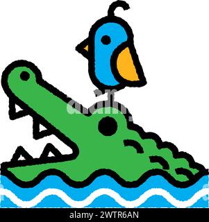 crocodile and bird cartoon roughen filled outline icon for decoration, website, web, mobile app, printing, banner, logo, poster design, etc. Stock Vector