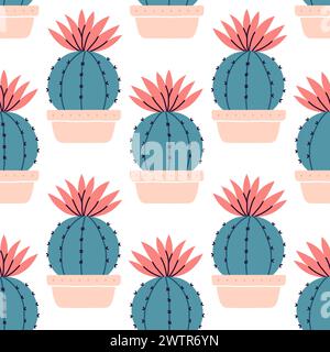 Cute cactus seamless pattern. Desert spiny plant, mexico cacti flower and tropical home plants. Stock Vector