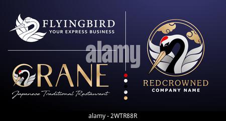 illustration of a red crowned crane bird logotype, applicable for business, company, corporate, restaurant, bistro, traditional food badge and symbols Stock Vector