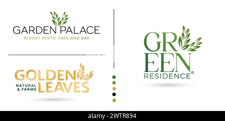 illustration of Green Residence, golden leaves, garden palace logos letter type isolated white background for Branding and identity design, corporate Stock Vector