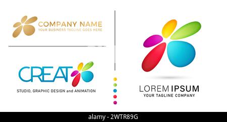 illustration of abstract shape fives colors logos letter type isolated white background for Branding and identity designs, Video and animation Stock Vector